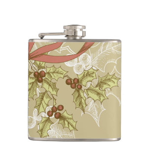 Holly-Day Sketch Holly Berries and Leaves Hip Flask