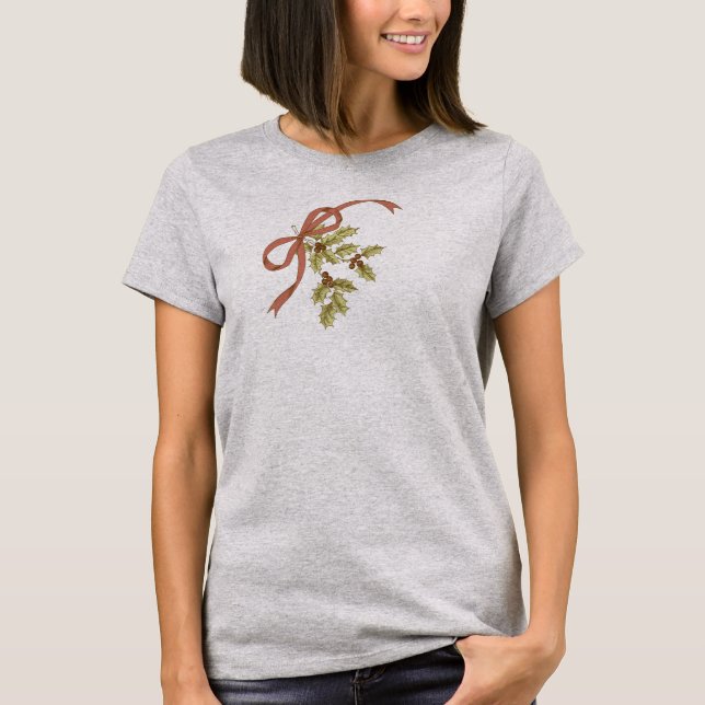 Holly-Day Sketch Holly Berries and Leaves T-Shirt (Front)