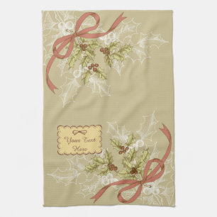 Holly-Day Sketch Holly Berries and Leaves Tea Towel