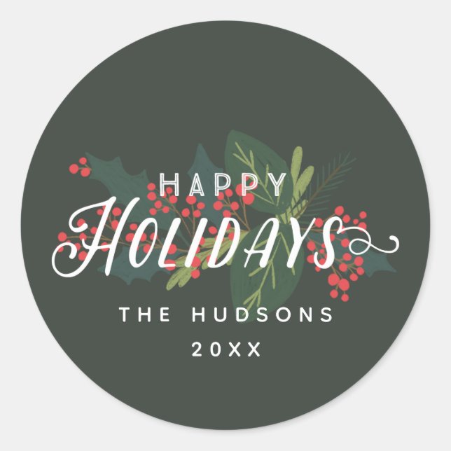 Holly Days | Happy Holidays Name Year Classic Round Sticker (Front)