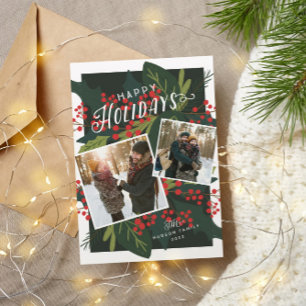 Holly Days   Happy Holidays Tilted 2 Photo Holiday Card