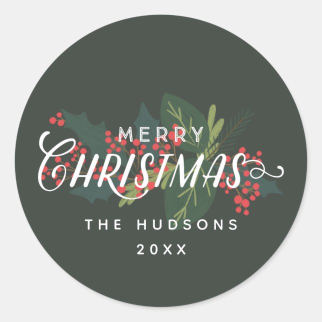 Holly Days | Merry Christmas Name Year Classic Round Sticker (Front)