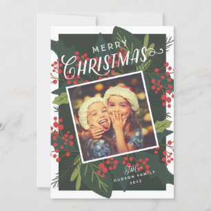 Holly Days   Merry Christmas Tilted Photo Holiday Card