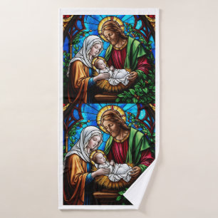 Holly family crystal stained glass image bath towel