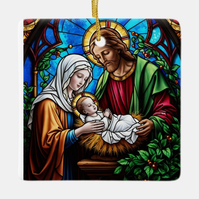 Holly family crystal stained glass image  ceramic ornament (Front)