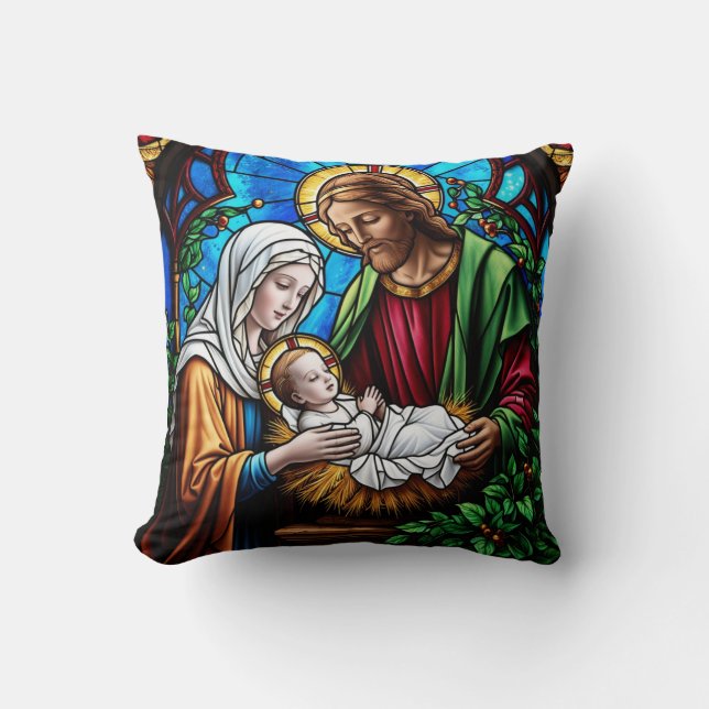 Holly family crystal stained glass image  cushion (Front)
