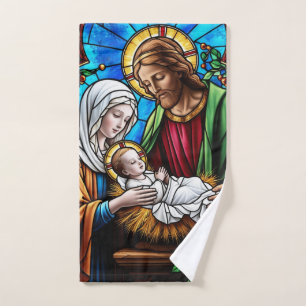 Holly family crystal stained glass image hand towel