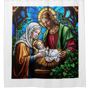 Holly family crystal stained glass image  shower curtain