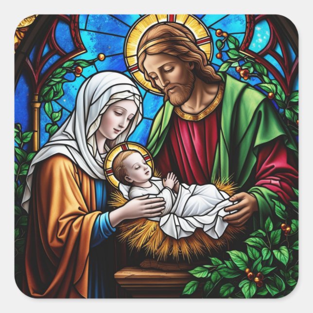 Holly family crystal stained glass image  square sticker (Front)