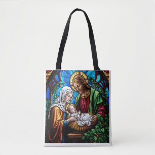 Holly family crystal stained glass image tote bag