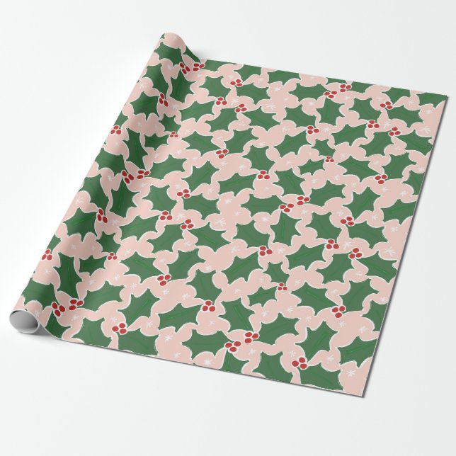 Holly Festive Christmas wrapping paper (Unrolled)