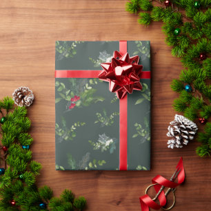 Holly, Fir and Snowflake Forest Green Wrapping Paper
