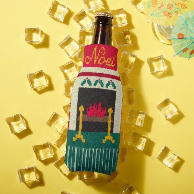 Holly Fireplace Red Green Gold Noel Fringe Crochet Bottle Cooler (In Situ Summer)