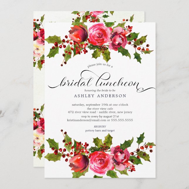 Holly Floral Bridal Shower Luncheon Invitation (Front/Back)