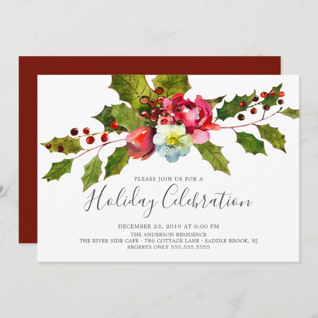 Holly Floral Christmas Holiday Party Invitation (Front/Back)