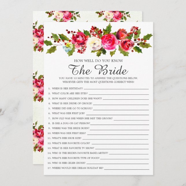 Holly Floral How Well Do You Know The Bride Game Invitation (Front/Back)