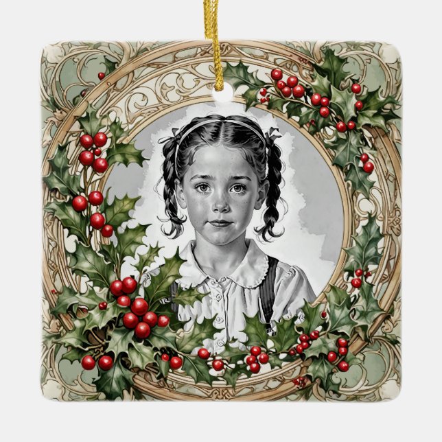 Holly Framed Custom Christmas Photo Square Ceramic Ornament (Front)