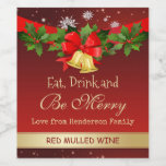 Holly, golden bells and snowflakes Christmas Wine Label<br><div class="desc">Wine label - Holly,  golden bells and snowflakes set against a red Christmas background with sparkling stars.</div>