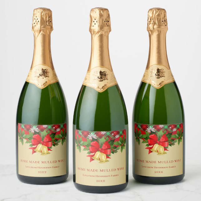 Holly, golden bells and snowflakes Christmas Wine  Sparkling Wine Label (Bottles)