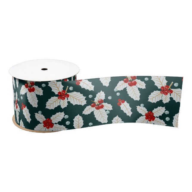 Holly Green Floral Luxury Christmas Holidays Satin Ribbon (Spool)