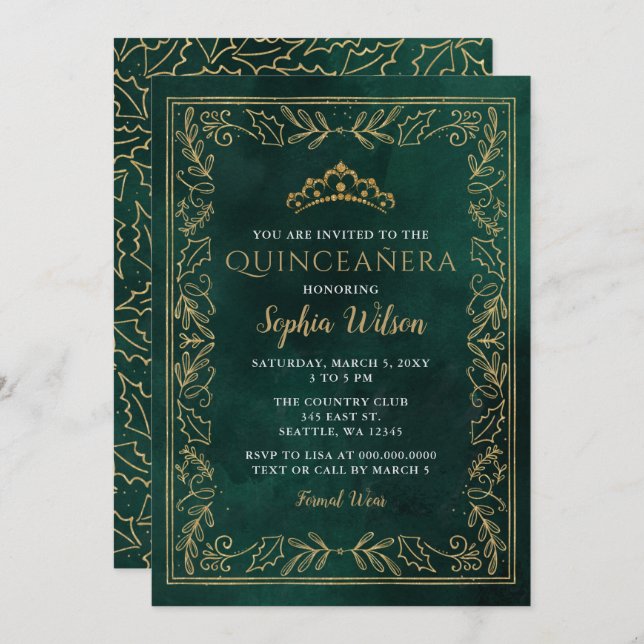 Holly Green Gold Princess Tiara Quinceañera  Invitation (Front/Back)