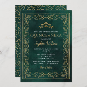 Holly Green Gold Princess Tiara Quinceañera  Invitation