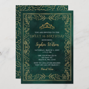 Holly Green Gold Princess Tiara Sweet 16 Birthday  Invitation