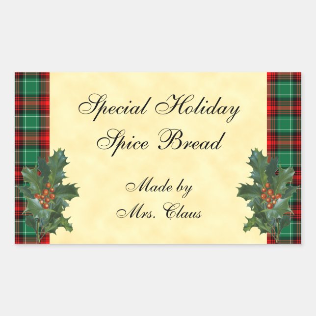 Holly Green Red Plaid Holiday Baking Sticker (Front)