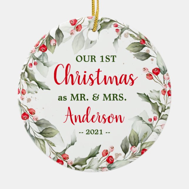 Holly Greenery | Photo Christmas Ceramic Ornaments (Front)