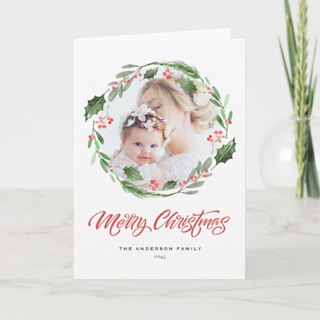 Holly Greenery Wreath Circle Photo Merry Christmas Holiday Card (Front)
