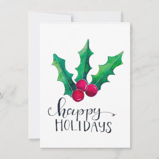 Holly - Happy Holidays Watercolor FLAT Holiday Card