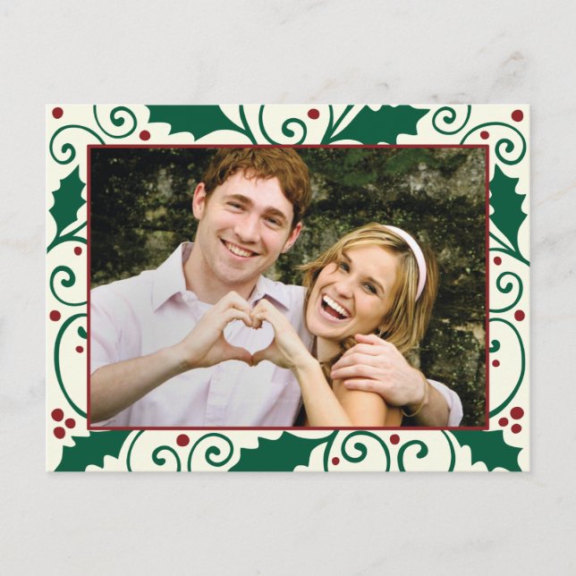 Holly Holiday Green & Red on Cream Photo Postcard (Front)