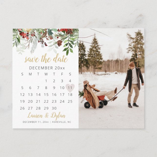 HOLLY Holiday Winter Photo Save The Date  Postcard (Front)
