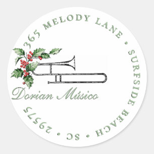 Holly Horn Music Holiday Christmas Green Address Classic Round Sticker