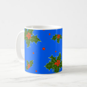 Holly (Ilex) Christmas Motif on Blue Background Coffee Mug