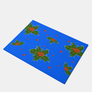 Holly (Ilex) Christmas Motif on Blue Background Doormat