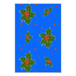 Holly (Ilex) Christmas Motif on Blue Background   Photo Print