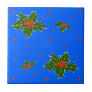 Holly (Ilex) Christmas Motif on Festive Blue Ceramic Tile