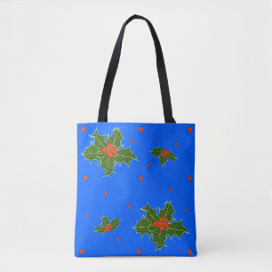 Holly (Ilex) Christmas Motif on Festive Blue Tote Bag