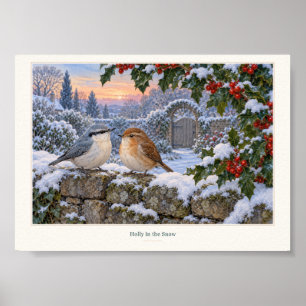 Holly in the Snow Winter Birds Art Poster