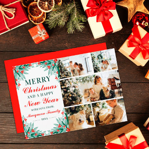 Holly Ivy Leaves Family Photo Collage Christmas Holiday Card