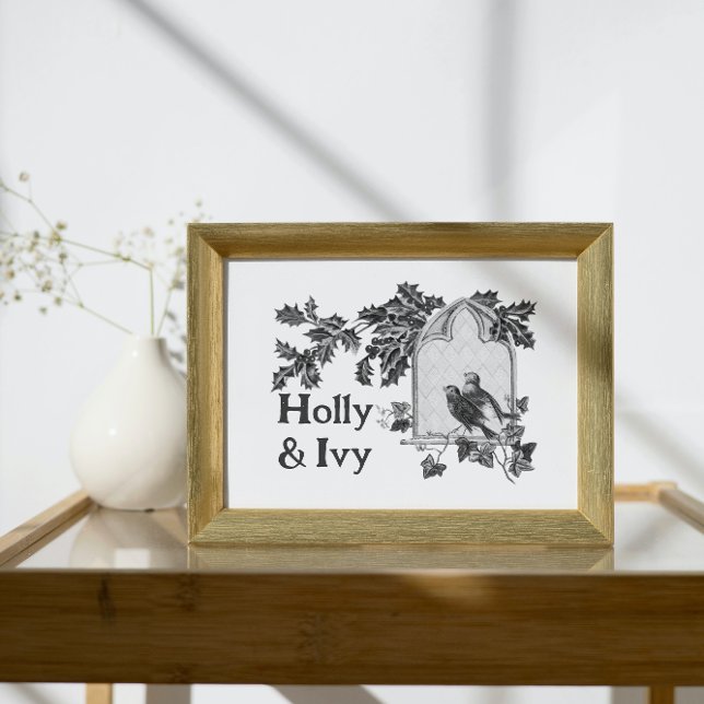 Holly & Ivy vintage christmas birds black & white Poster (Creator Uploaded)