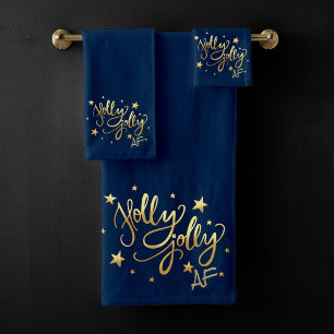 Holly Jolly AF Decor Navy Blue and Gold Script Bath Towel Set