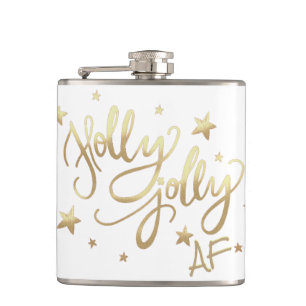 Holly Jolly AF Modern Script Gold Star Confetti Hip Flask