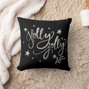 Holly Jolly AF Shiny Faux Foil Script Black Cushion