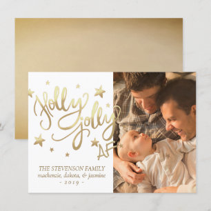 Holly Jolly AF   Shiny Faux Gold Foil Photo Holiday Card