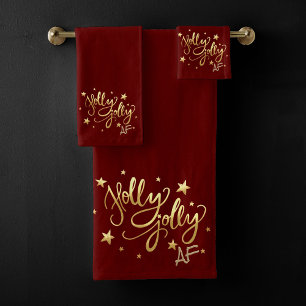 Holly Jolly AF   Shiny Gold Faux Foil Script Bath Towel Set