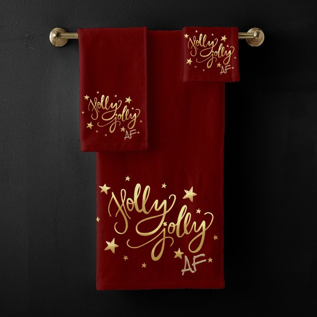 Holly Jolly AF | Shiny Gold Faux Foil Script Bath Towel Set (Creator Uploaded)