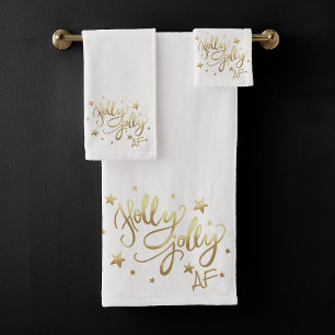Holly Jolly AF Shiny Gold Faux Foil Script Bath Towel Set
