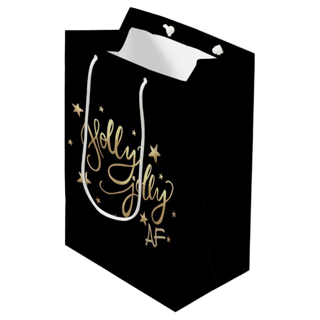 Holly Jolly AF | Shiny Gold Faux Foil Script Medium Gift Bag (Front Angled)